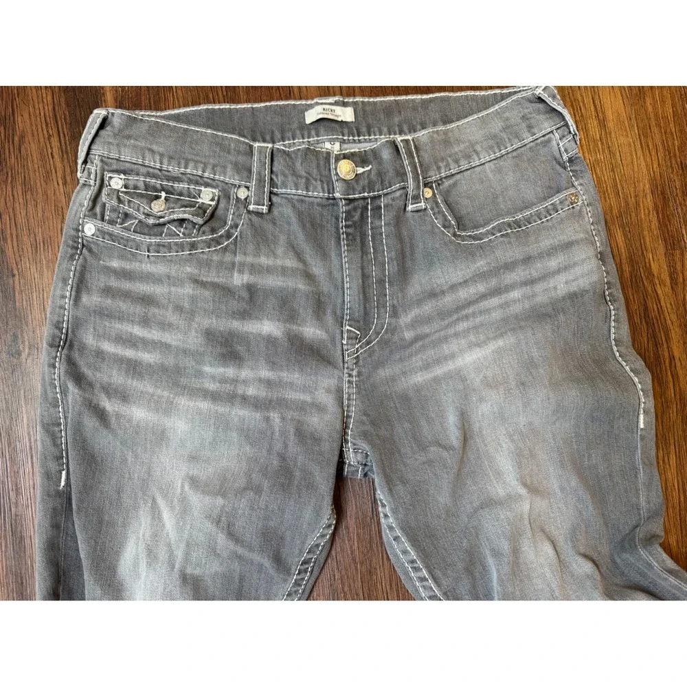 Y2K True Religion Ricky Relaxed Straight Gray Jeans White Contrast Stitch Sz 36